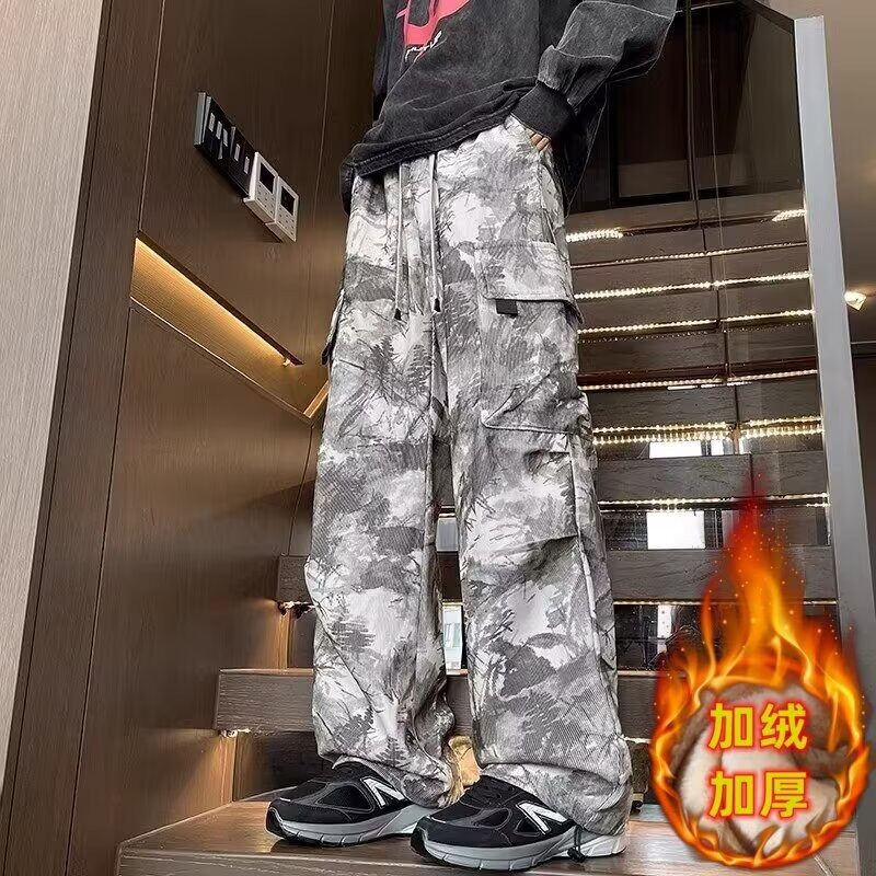 水墨扎染加绒灯芯绒弯刀阔腿裤男