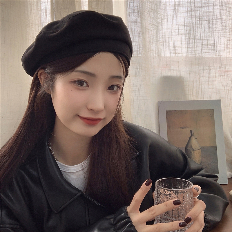 简单不过时黑色毛呢女保暖贝雷帽