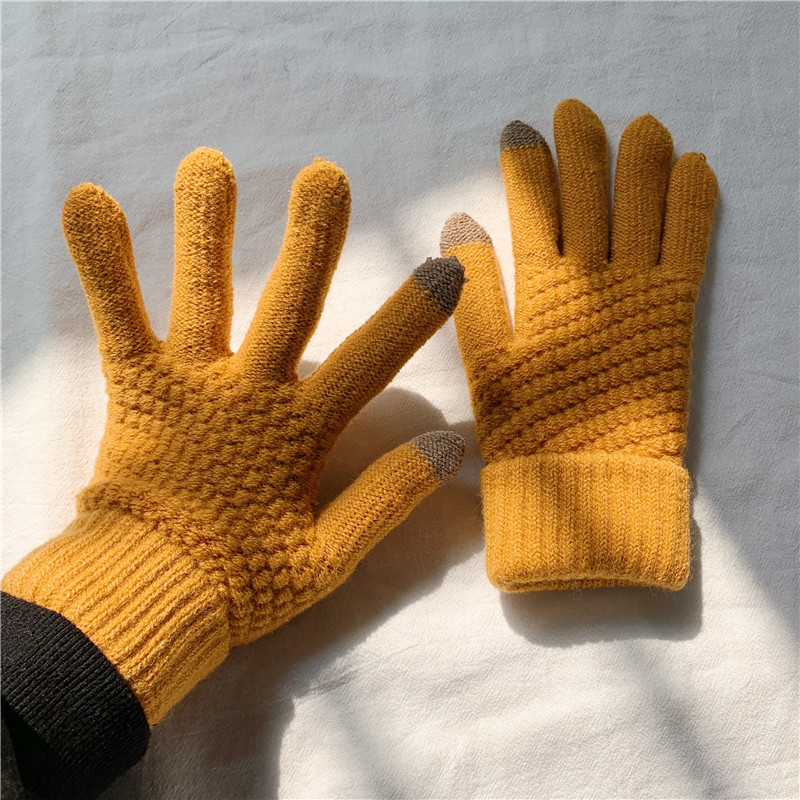 菠萝纹纯色保暖可触屏加绒针织五指手套韩国可爱ins骑车男女手套