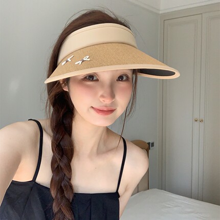 夏日入场券~新款大檐蝴蝶结黑胶空顶防晒帽女户外防紫外线遮阳帽