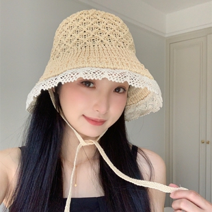 明媚夏日~蕾丝边草编渔夫帽女新款大檐沙滩出游甜美遮阳防晒帽子