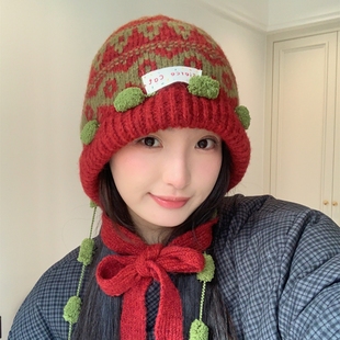 圣诞雪屋~新款秋冬保暖费尔岛提花护耳针织帽女洋气显脸小毛线帽