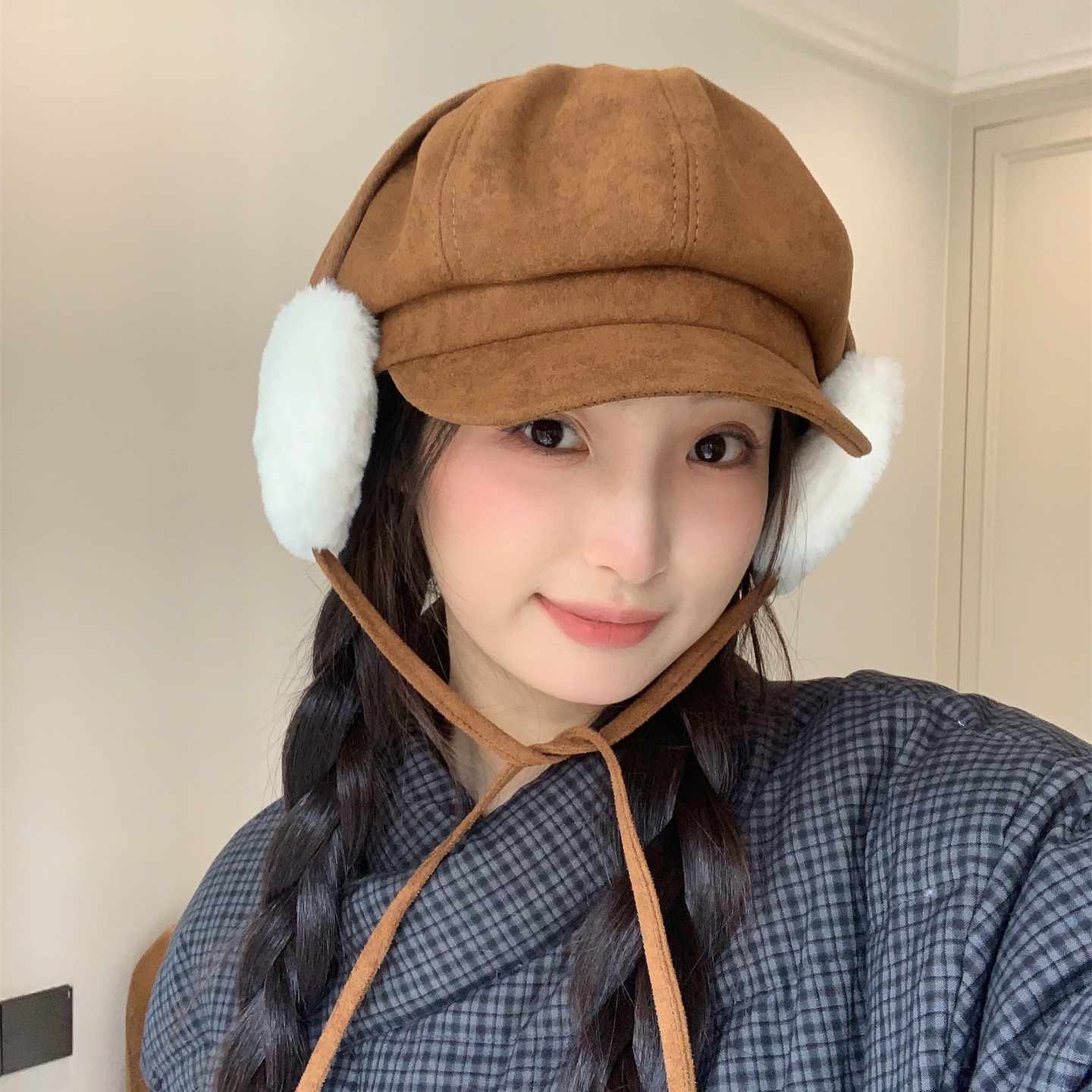 新款秋冬麂皮绒护耳一体贝雷帽女