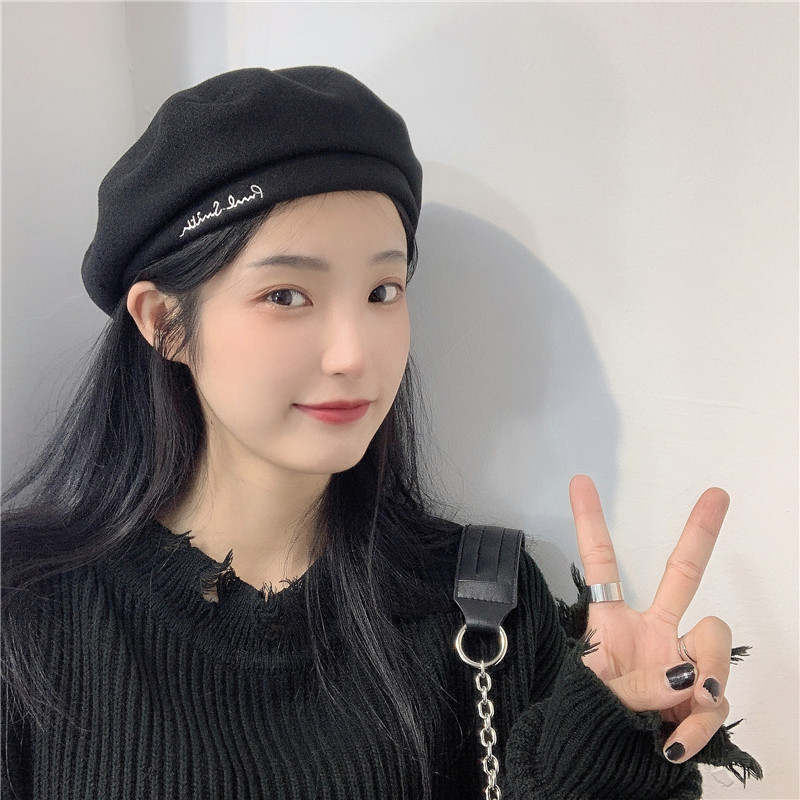 黑色毛呢刺绣贝雷帽女日系秋冬平顶英伦复古画家帽百搭甜美八角帽