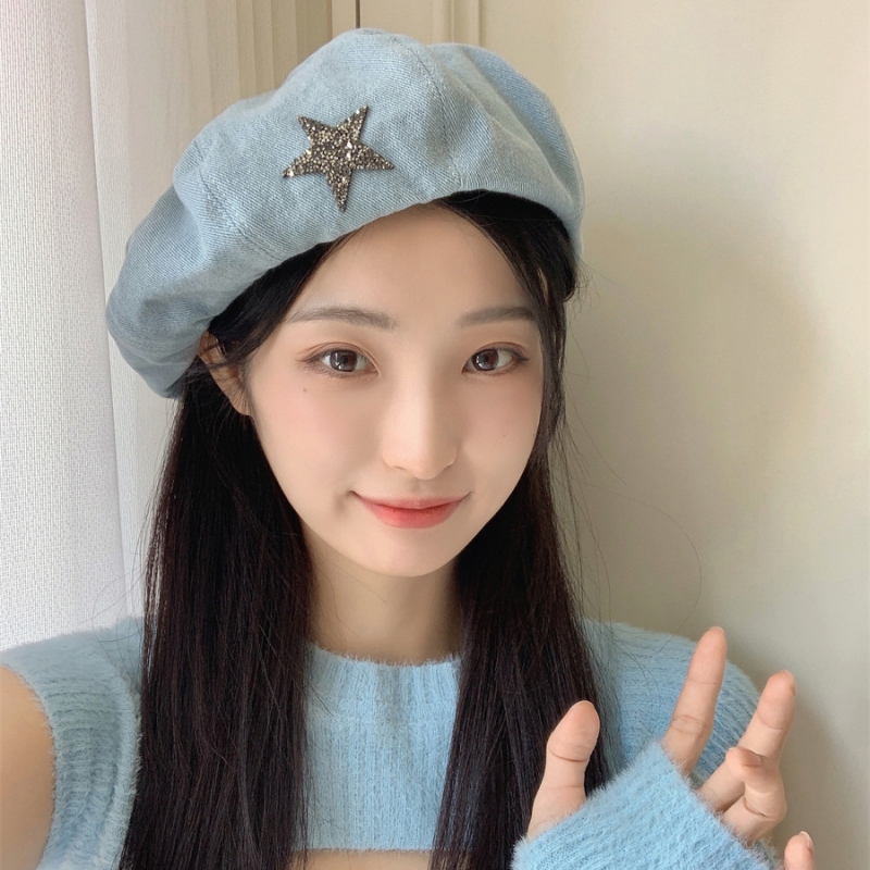 贝雷帽逛街韩系女秋冬水钻星星