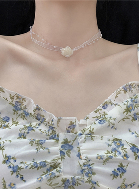 又甜又欲~白色玫瑰花珍珠choker锁骨链网纱蕾丝颈链双层项链女韩