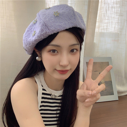 贝雷帽逛街韩版女夏季水钻花朵