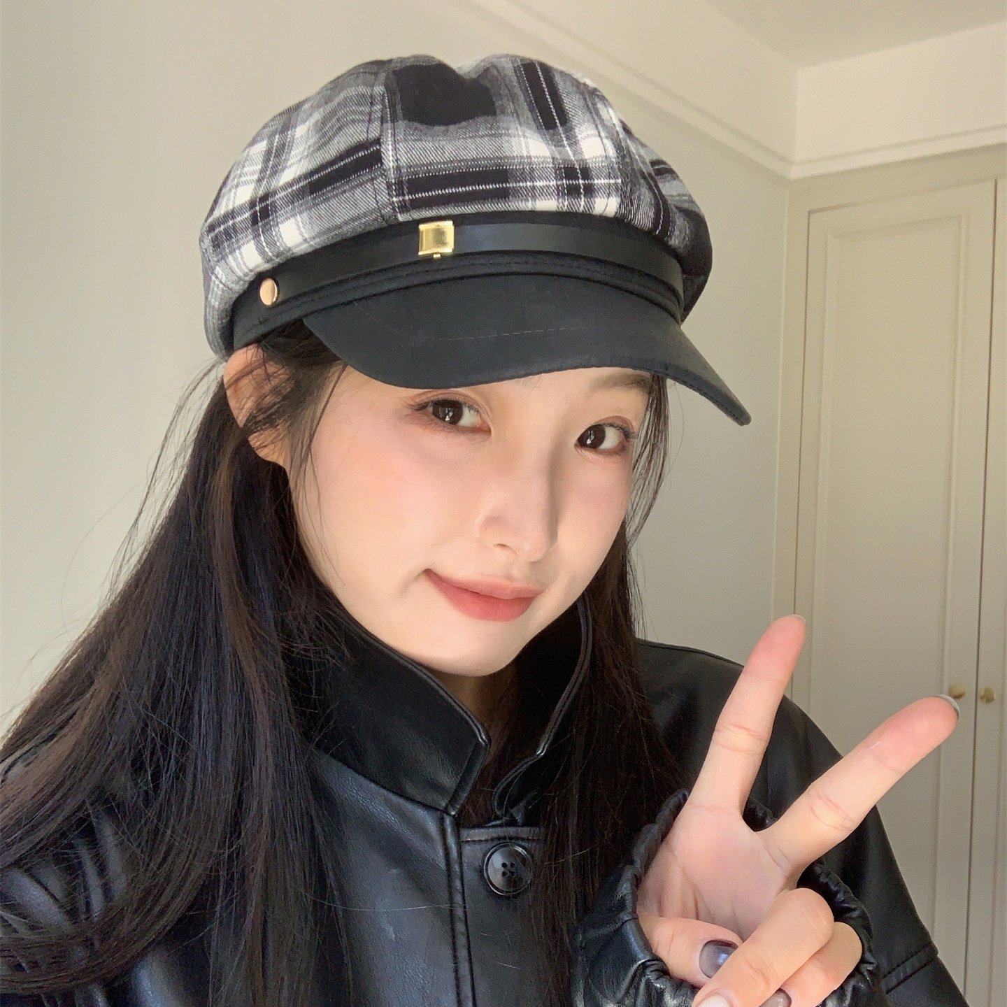 比佛利日记~新款格纹pu皮贝雷帽女秋冬复古英伦时尚气质八角帽潮