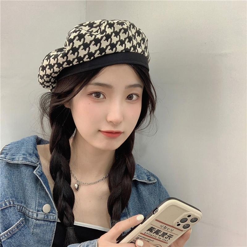 被疯狂搭讪~夏季薄款透气千鸟格贝雷帽女复古优雅时髦平顶画家帽