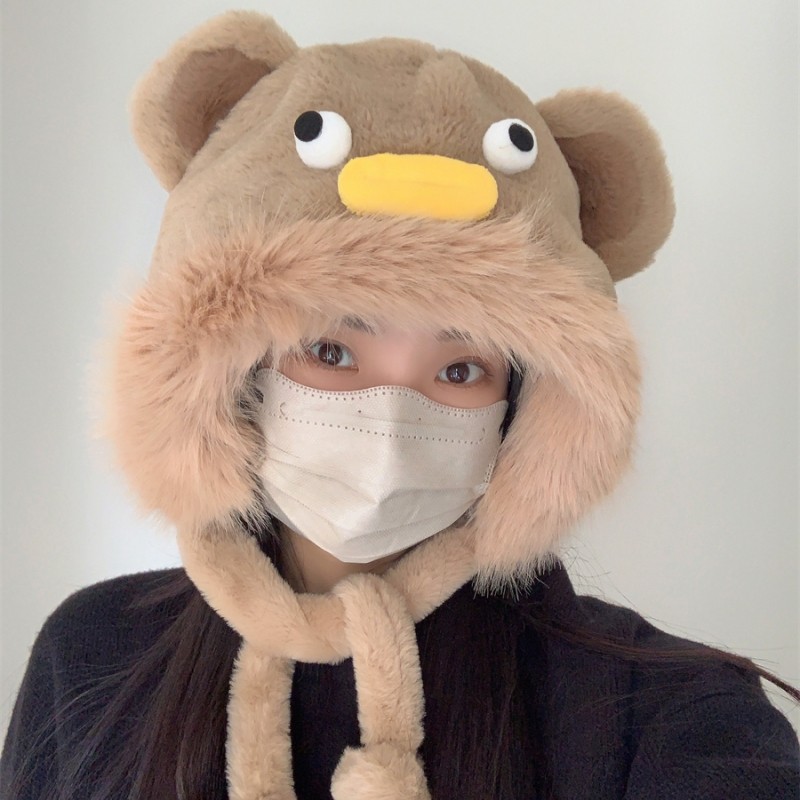 软糯熊熊~新款卡通可爱毛绒保暖雷锋帽女秋冬加厚防寒时尚护耳帽