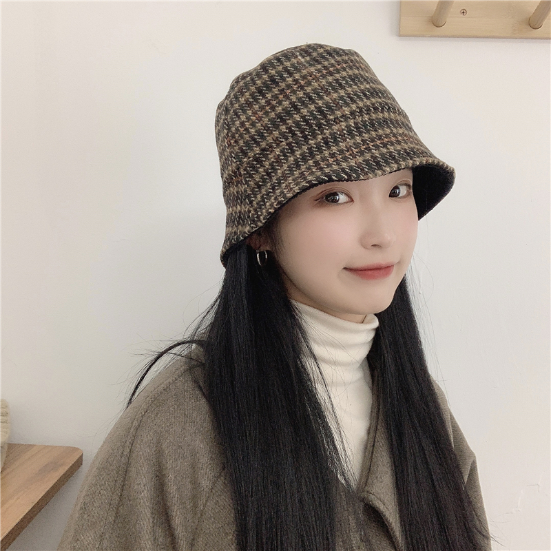 小众格纹女英伦复古双面戴水桶帽