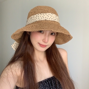 邂逅西西里~新款波点蝴蝶结编织度假草帽女ins夏季大檐遮阳防晒帽