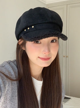 新款秋冬麂皮绒铆钉复古贝雷帽女