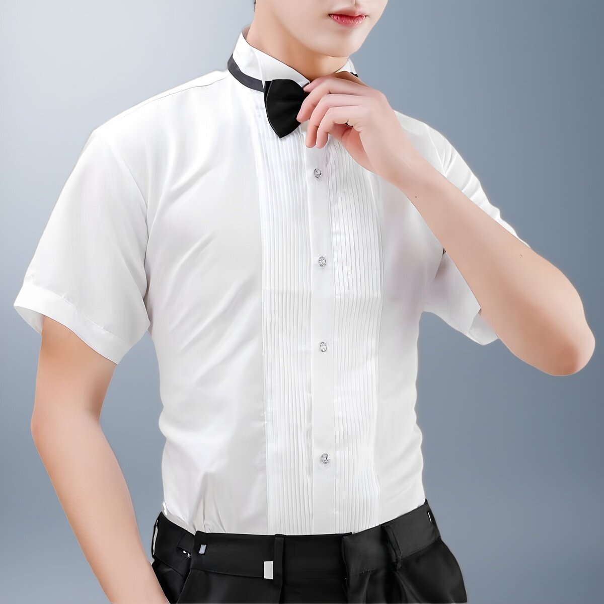白色短袖带领结衬衣男士演出衬衫中学生成人大合唱服装婚礼伴郎团图片
