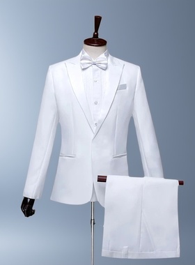纯白色西服裤子套装歌手主持人司仪合唱表演西装男演出服礼服套装