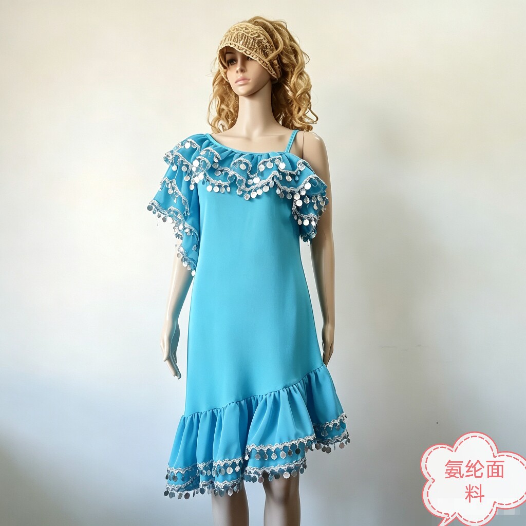 肚皮舞套装女斜肩亮片荷叶边包臀抽皱性感长裙练功服可定制