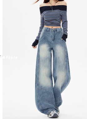 日本offcat美式浅蓝色弯刀阔腿牛仔裤女春季新款秋冬复古宽松显瘦