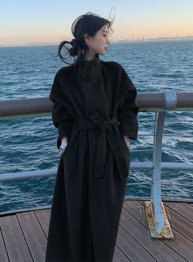 日本offcat黑色双面羊毛呢子大衣女2024冬季新款小个子中长款毛呢