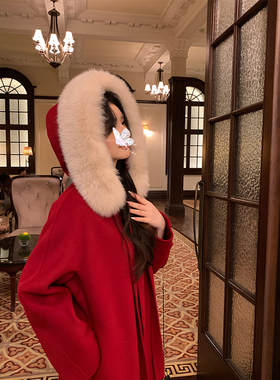 日本offcat2024冬新款红色毛呢外套狐狸毛领连帽长款双面呢羊绒大
