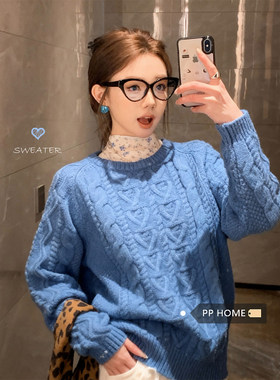 日本offcat温柔套装蓝色圆领麻花绞花毛衣女秋冬半高领碎花内搭打