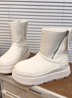 日本offcat真皮厚底白色雪地靴女2025秋冬新款短靴保暖防水大棉鞋