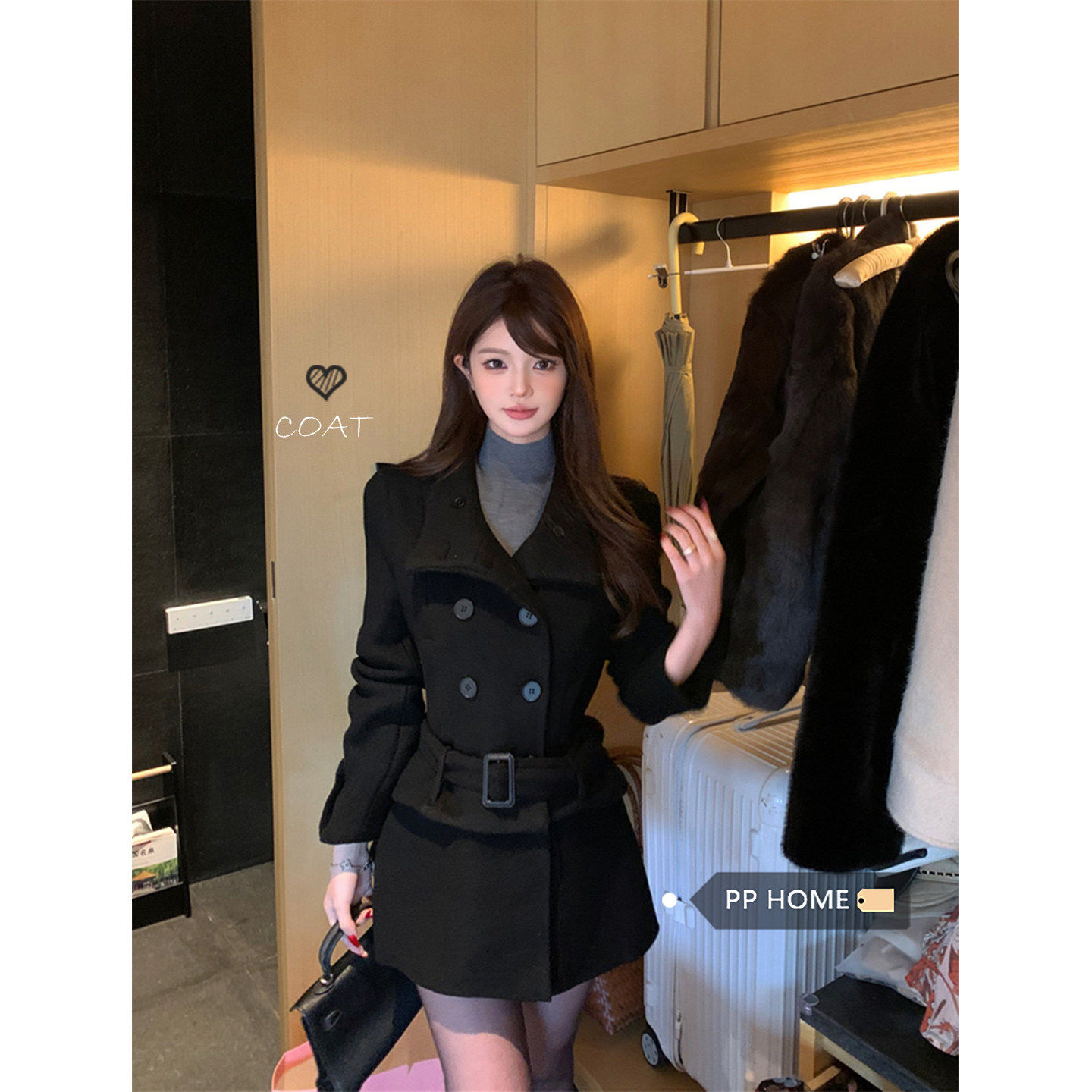 日本offcat高级感黑色双排扣翻领短款毛呢外套女秋冬收腰系带呢子
