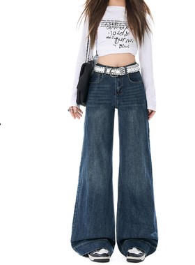 日本offcat深蓝色微喇阔腿牛仔裤女春季新款复古显瘦高腰宽松窄版
