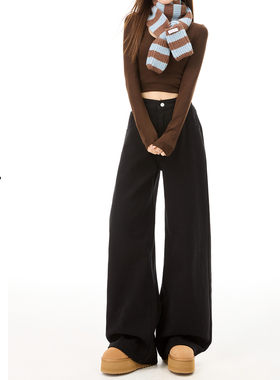 日本offcat黑色加绒阔腿牛仔裤女2025秋冬新款高腰垂感宽松显瘦直