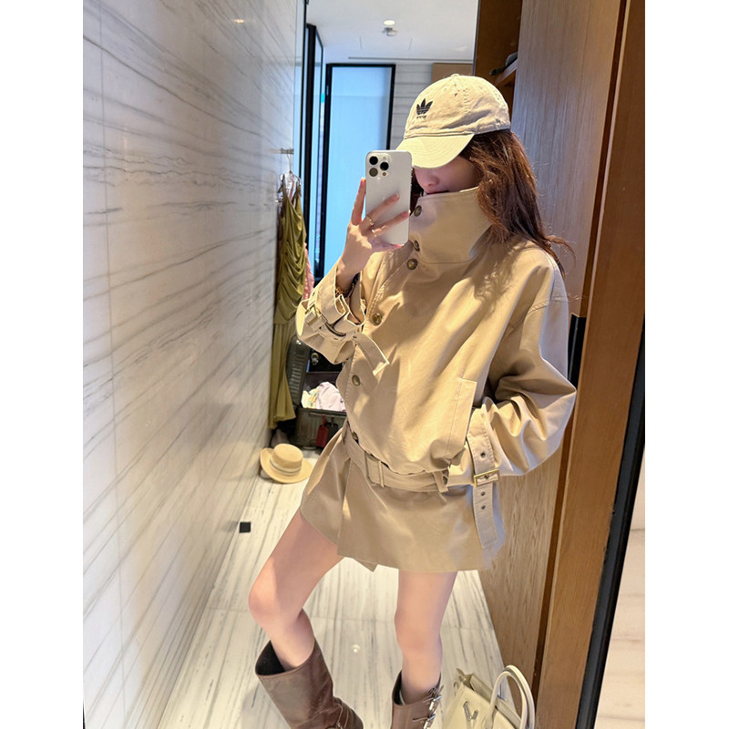 日本offcat卡其色立领风衣外套女2025春秋新款韩系慵懒高级感中长