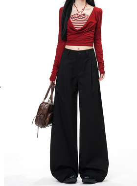 日本offcat黑色褶皱直筒阔腿裤女早春新款复古设计感高腰遮胯显瘦