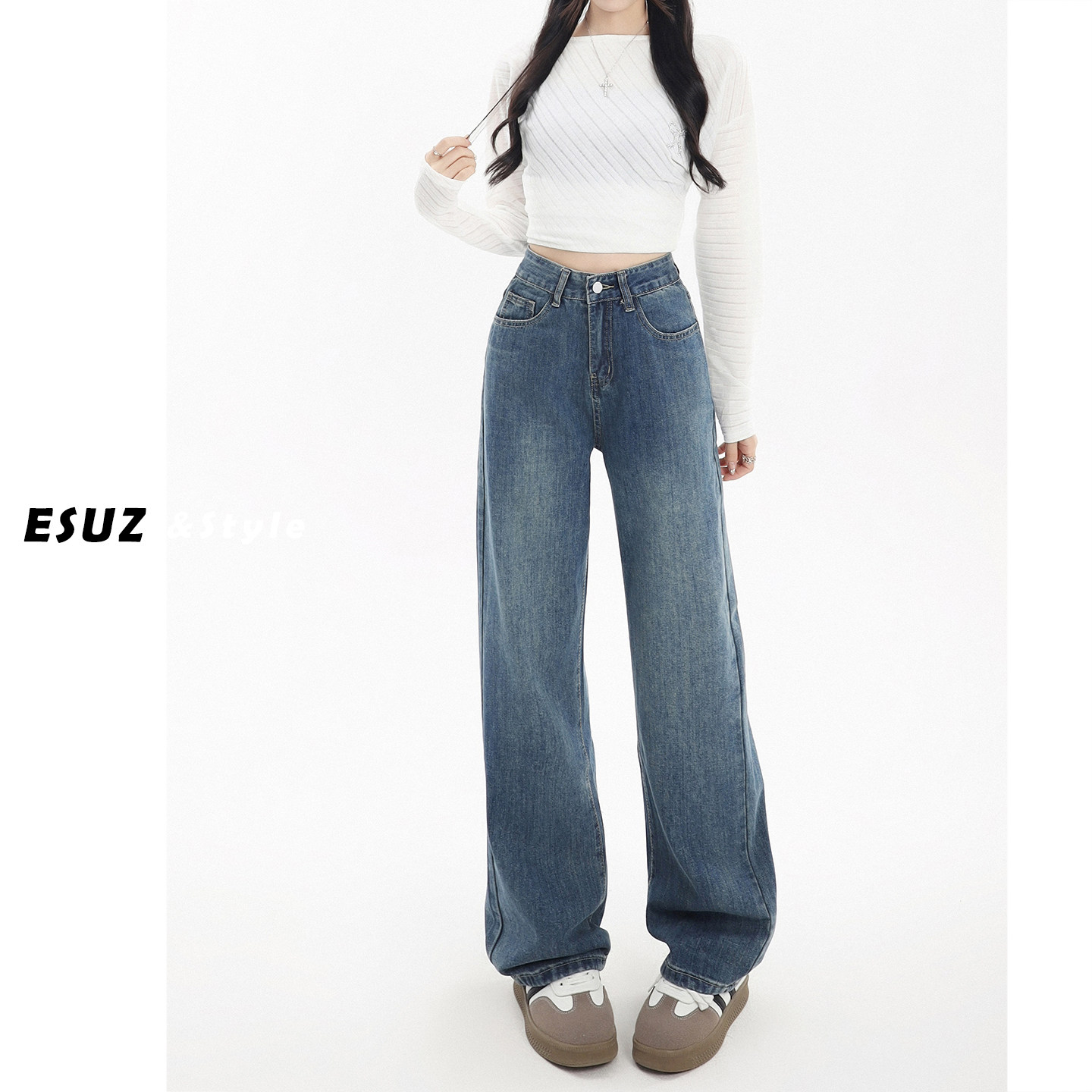 日本offcat复古蓝窄版直筒牛仔裤女小个子秋冬季新款美式高腰显瘦