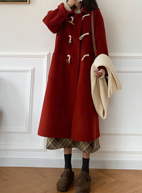 日本offcat红色双面羊绒大衣2024秋冬季新款小个子牛角扣毛呢子外