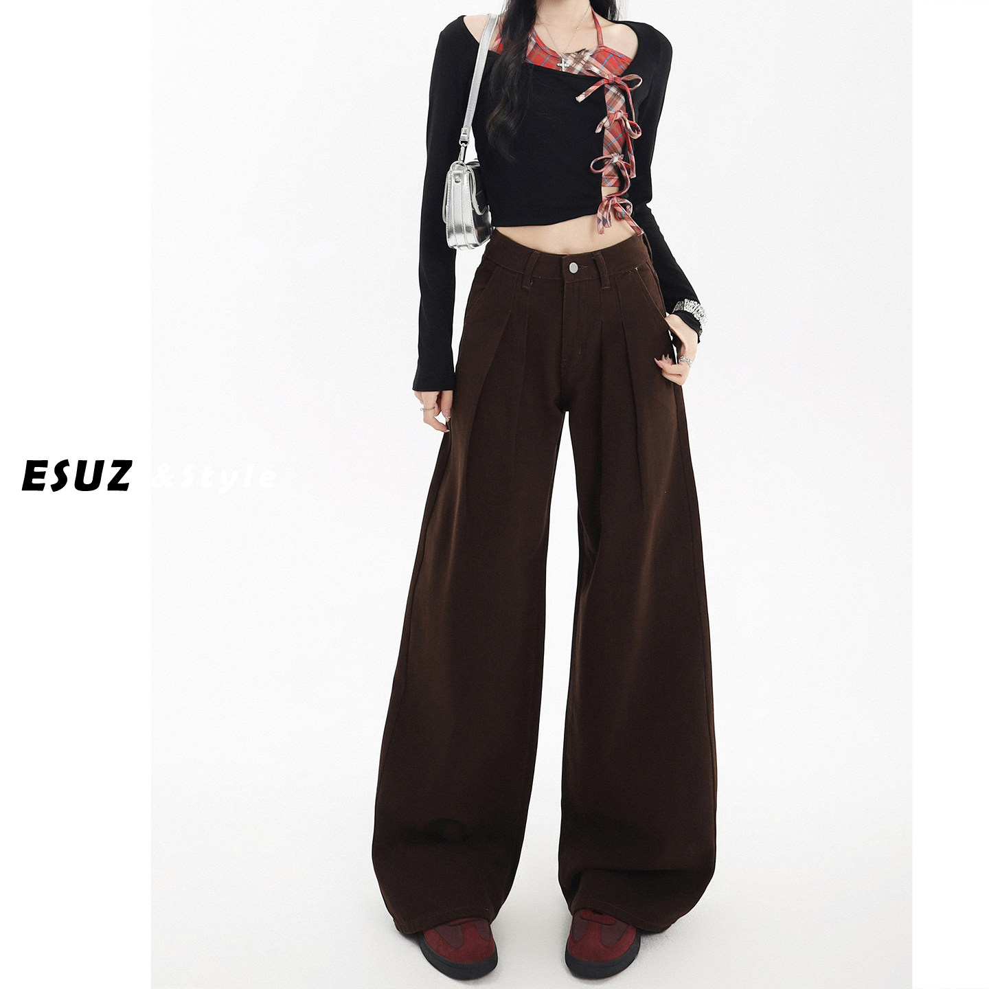 日本offcat棕咖色美拉德阔腿牛仔裤女2025秋冬新款褶皱百搭高腰宽