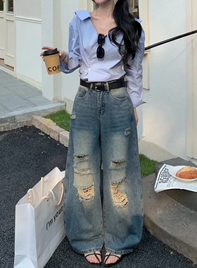 日本offcat美式高街蓝色水洗做旧破洞牛仔裤女春季宽松休闲阔腿裤