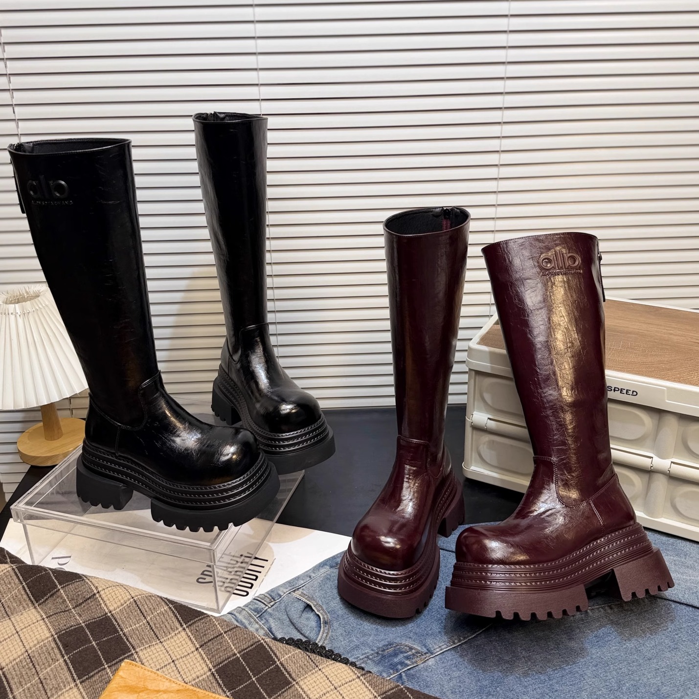 日本offcat8cm小个子增高厚底高筒骑士靴女冬季加绒不过膝长筒靴