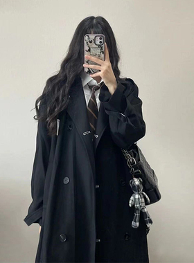 日本offcat黑色英伦风衣外套女2024春秋新款日系中长款垂感大衣小