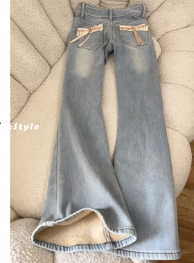 日本offcat浅蓝色蝴蝶结微喇牛仔裤女秋冬加绒新款高腰修身弹力小
