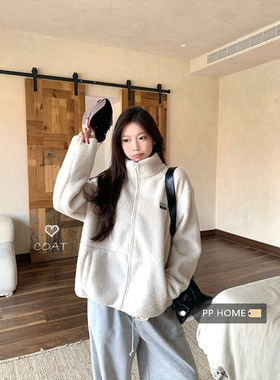 日本offcat休闲百搭白色立领防羊羔毛外套女秋冬宽松加厚保暖开衫