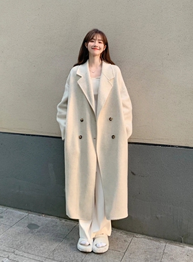 日本offcat白色呢子大衣女2024秋冬新款双排扣中长款加厚慵懒小个