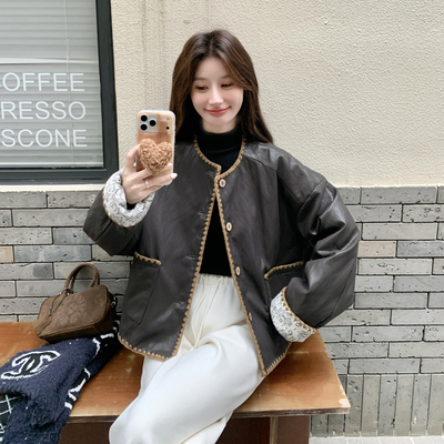 日本offcat小个子短款撞色皮衣羽绒服女2025冬新款巨好看的洋气刺