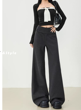 日本offcat深灰色毛呢阔腿休闲裤女秋冬新款高智通勤风纽扣设计感