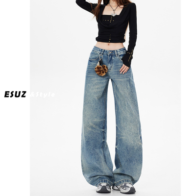 日本offcat复古水洗猫抓纹阔腿牛仔裤女秋冬季新款设计感低腰宽松