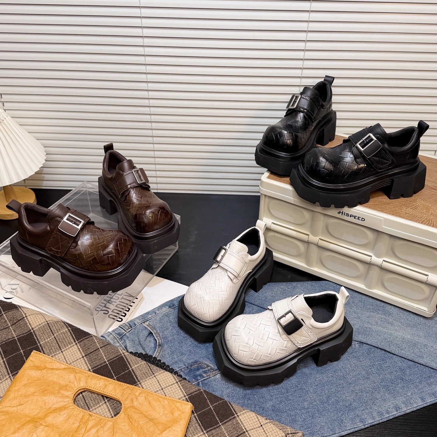 日本offcat真皮厚底大头小皮鞋女爆款编织魔术贴做旧乐福鞋单鞋潮