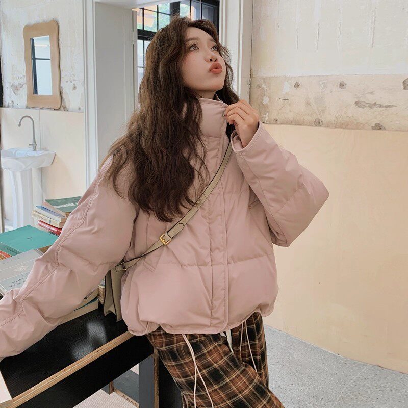 日本offcat韩系简约粉色短款立领羽绒服女冬小个子宽松保暖面包服