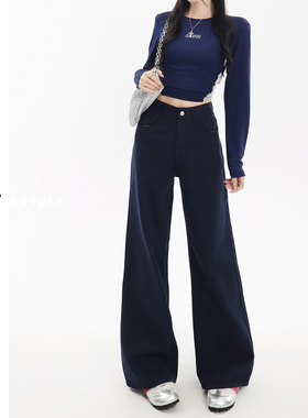 日本offcat深蓝色直筒牛仔裤女加绒秋冬新款美式高腰宽松垂感显瘦