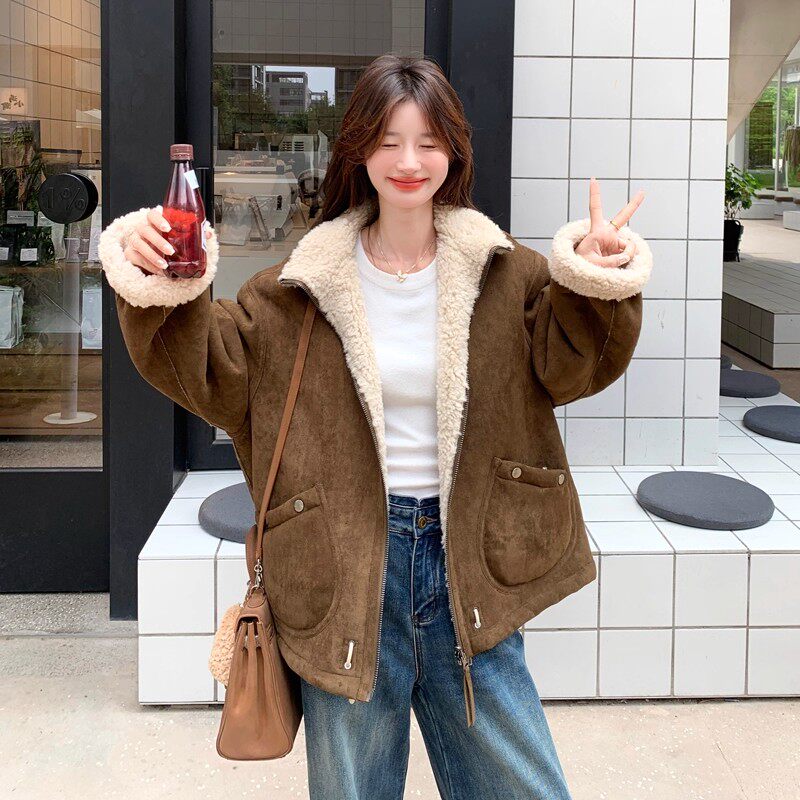 日本offcat美拉德风皮毛一体羊羔毛外套女冬季小个子连帽短款棉服