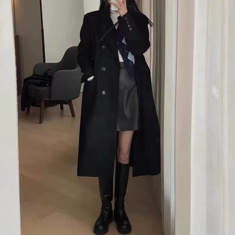 日本offcat黑色显瘦毛呢外套女2024冬季新款小个子加厚呢子大衣赫