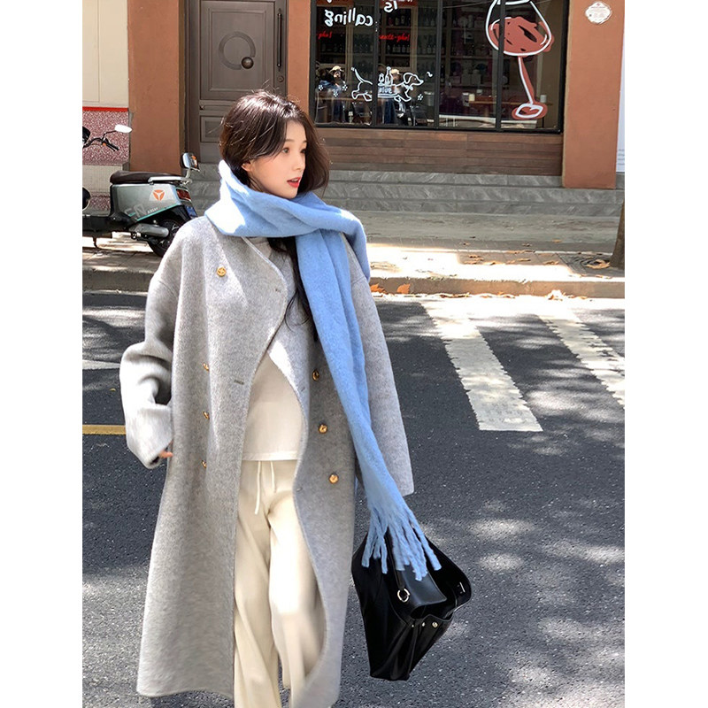 日本offcat灰色双面羊毛呢子大衣女2024秋冬高级感中长款韩系毛呢