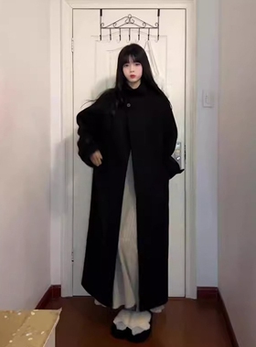 日本offcat高级感黑色呢子大衣女冬季新款加厚立领宽松中长款小个