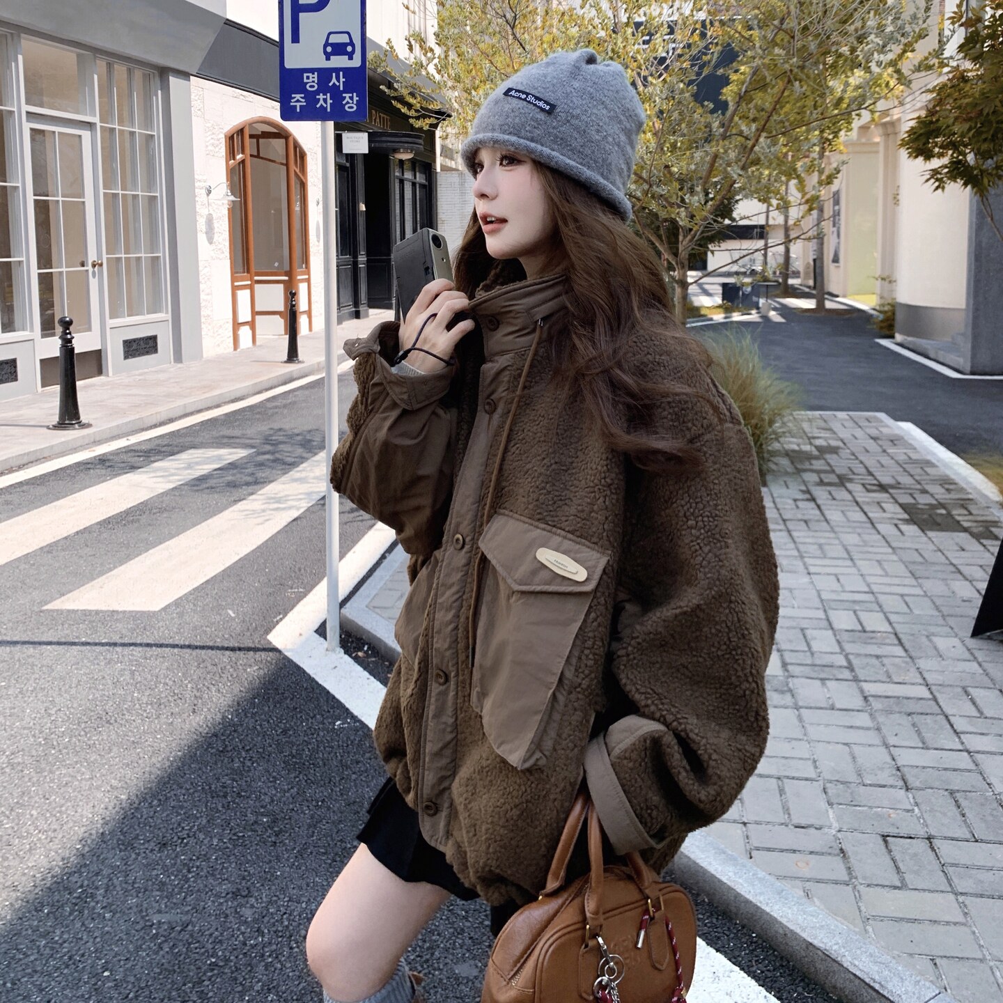 日本offcat棕色羊羔毛拼接夹棉外套女2025冬季新款巨好看韩系宽松